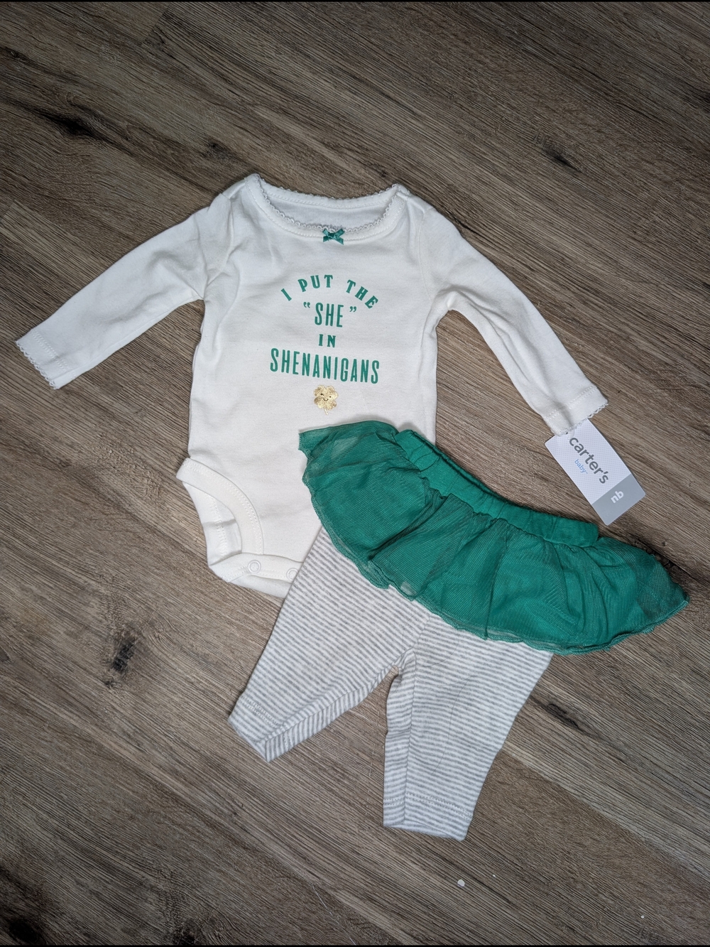 Carter's Newborn Baby Girl White Bodysuit Green Tutu Gray Stripe Leggings Irish